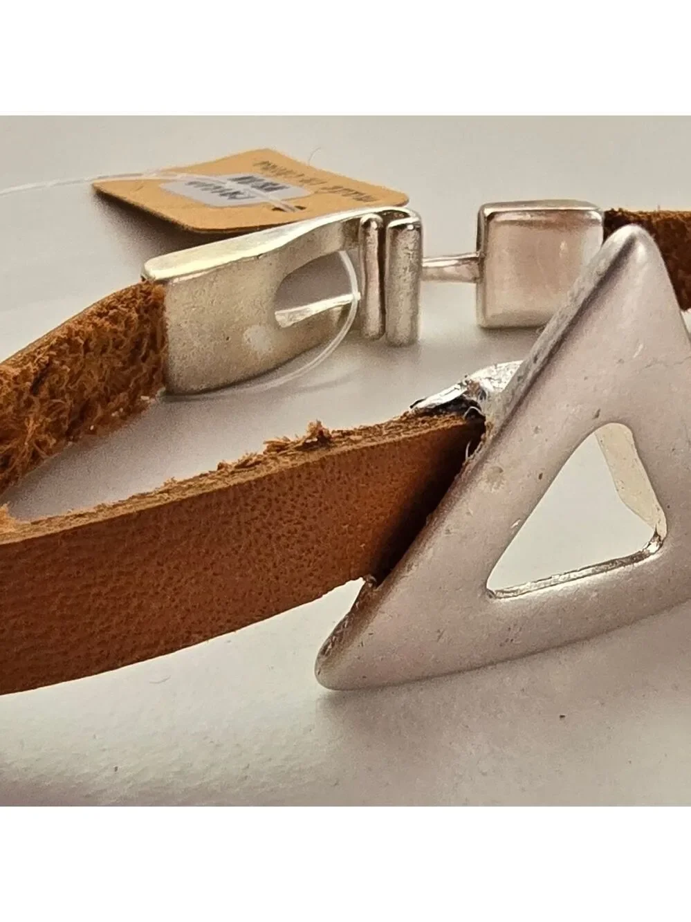 NWT Bohemian Antique Silver Geo Triangle Brown Faux Leather Bracelet